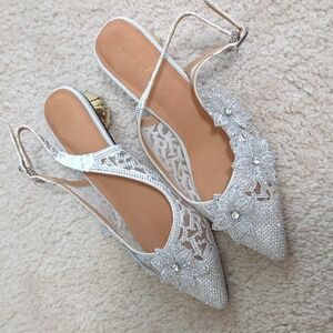 Silver bejeweled slingback heels